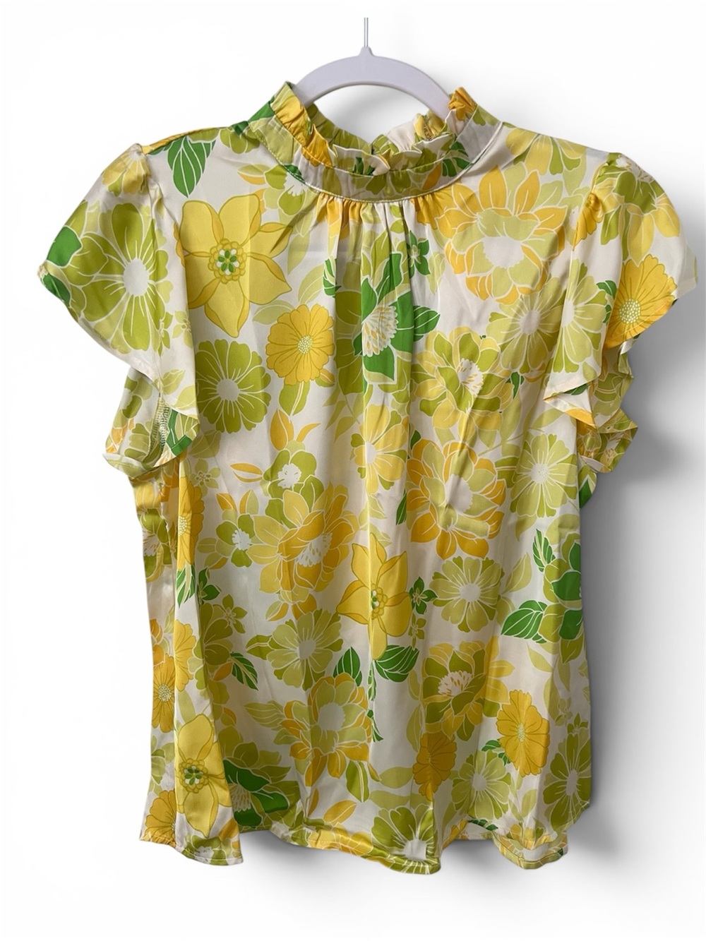 Emily Wonder Floral Ruffle-Neck Blouse in Yellow & Green size Medium NWT